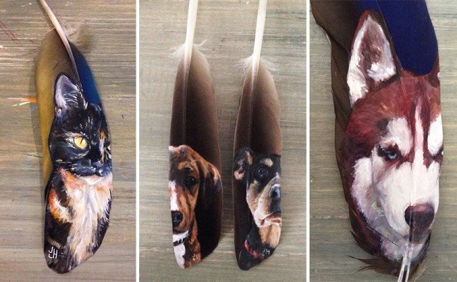 نقاشی خلاقانه بر روی پر پرندگان