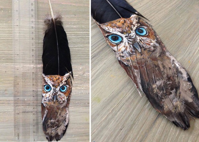 نقاشی خلاقانه بر روی پر پرندگان