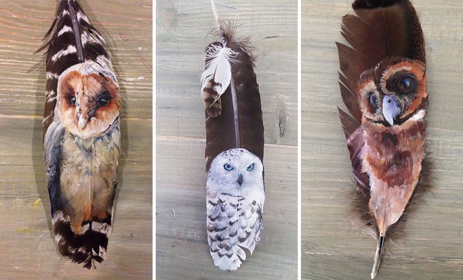 نقاشی خلاقانه بر روی پر پرندگان