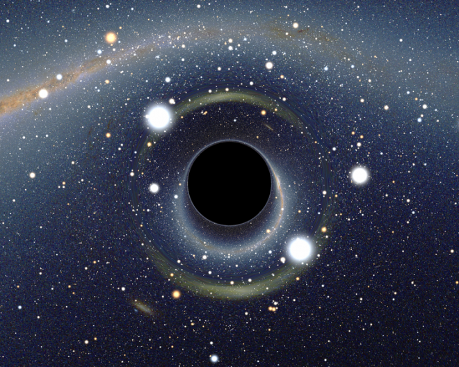 نمایش شبیه سازی شده از یک سیاه چاله در برابر ابر ماژلانی بزرگ.