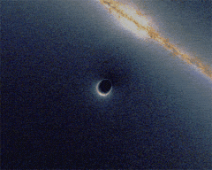 شبیه سازی همگرایی گرانشی توسط یک سیاهچاله که سبب کجنمایی (اعوجاج) تصویر کهکشان پس زمینه شده‌است.